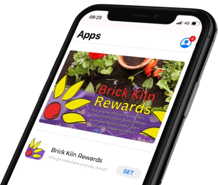 image of an iphone with the brick kiln rewards app on it.