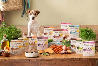 Forthglade wet dog food product shot with a jack russell in the background.