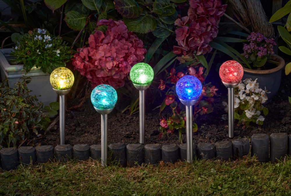 Image of the rainbow steak solar lights in yellow, green, blue, red and aqua.
