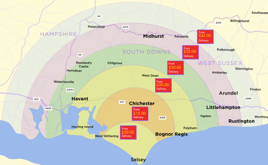 Image of the delivery map and price. Zone 1 £15, Zone 2 £20, Zone 3 £30, Zone 4 £35, Zone 5 £45