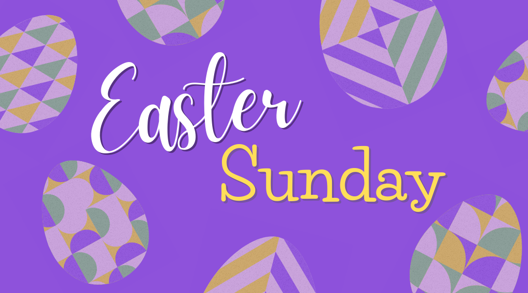 Easter Sunday written on the purple background surrounded by easter eggs.