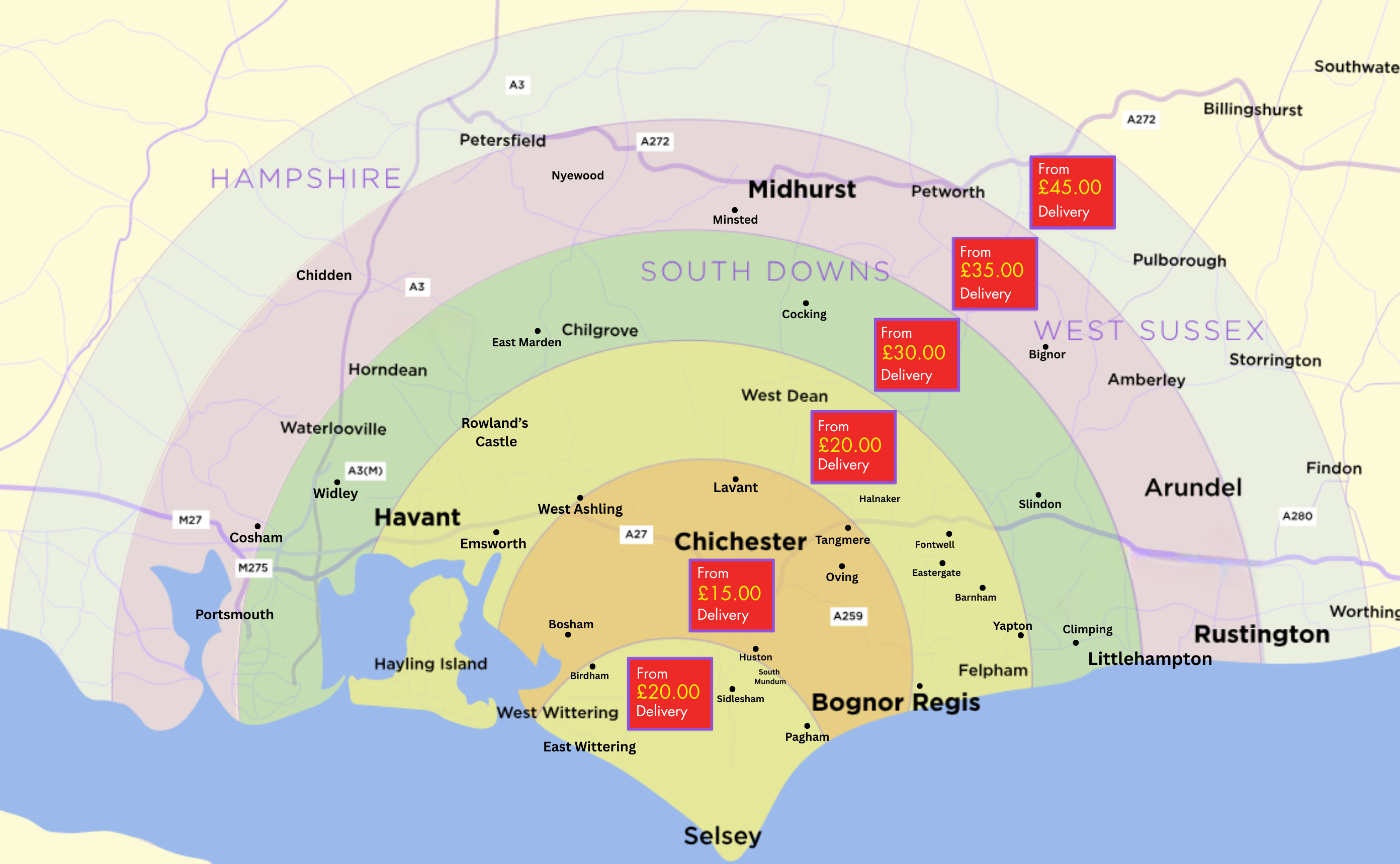 Image of the delivery map and price. Zone 1 £15, Zone 2 £20, Zone 3 £30, Zone 4 £35, Zone 5 £45